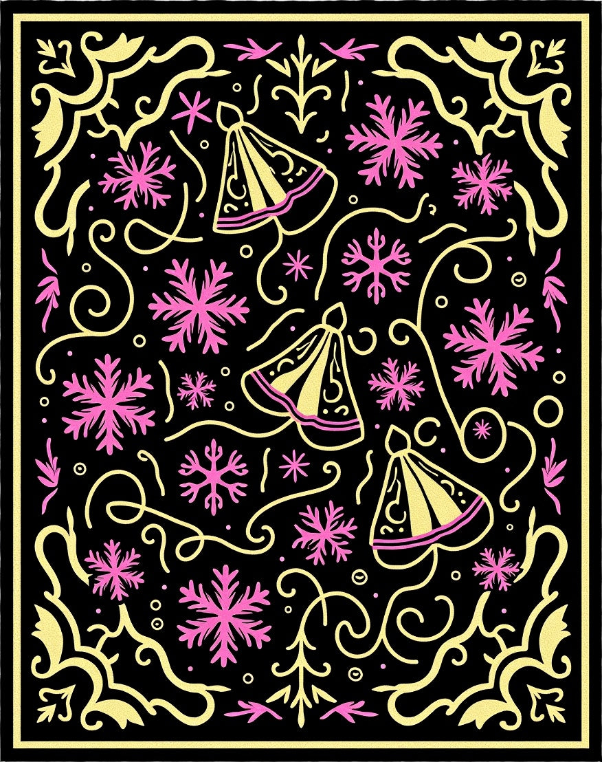 Black Gold Pink Festive Bell Snowflakes Rug