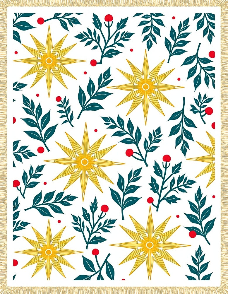 Golden Starbursts Teal Foliage Red Berries Rug