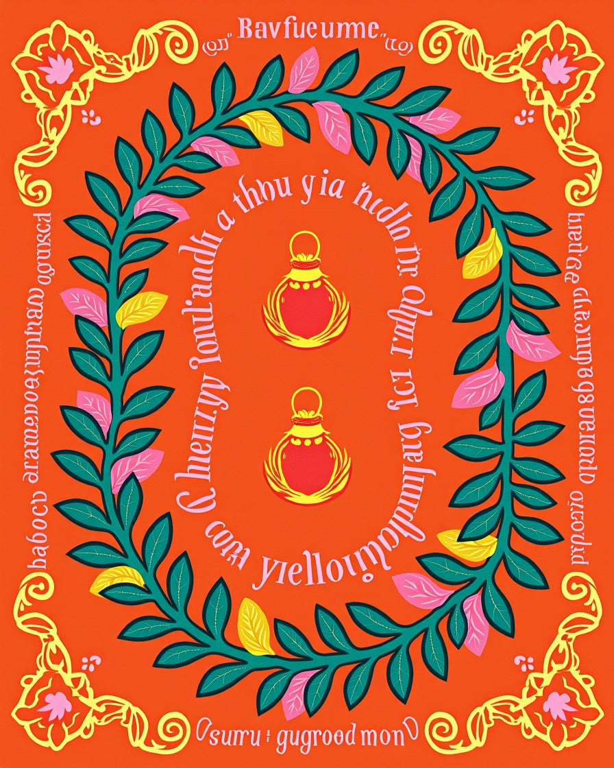 Orange Floral Lantern Laurel Wreath Rug