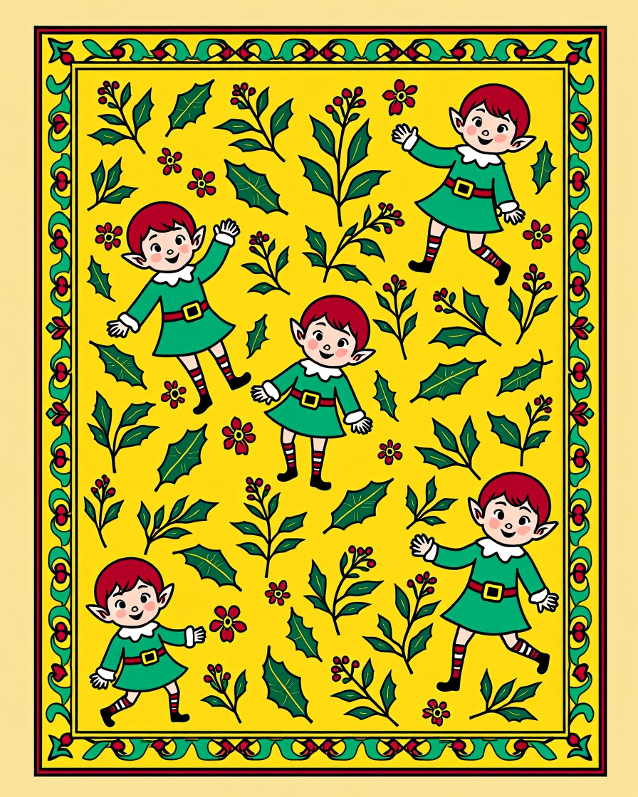 Whimsical Elf Holly Garland Yellow Rug
