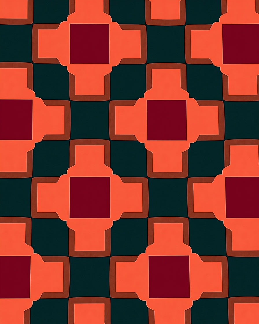 Orange Red Maroon Geometric Tiles Rug