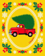 Red Vintage Truck Christmas Tree Holly Rug