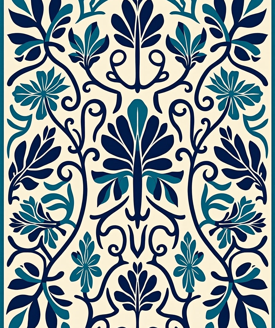Naval Blue Leafy Vine Medallion Rug