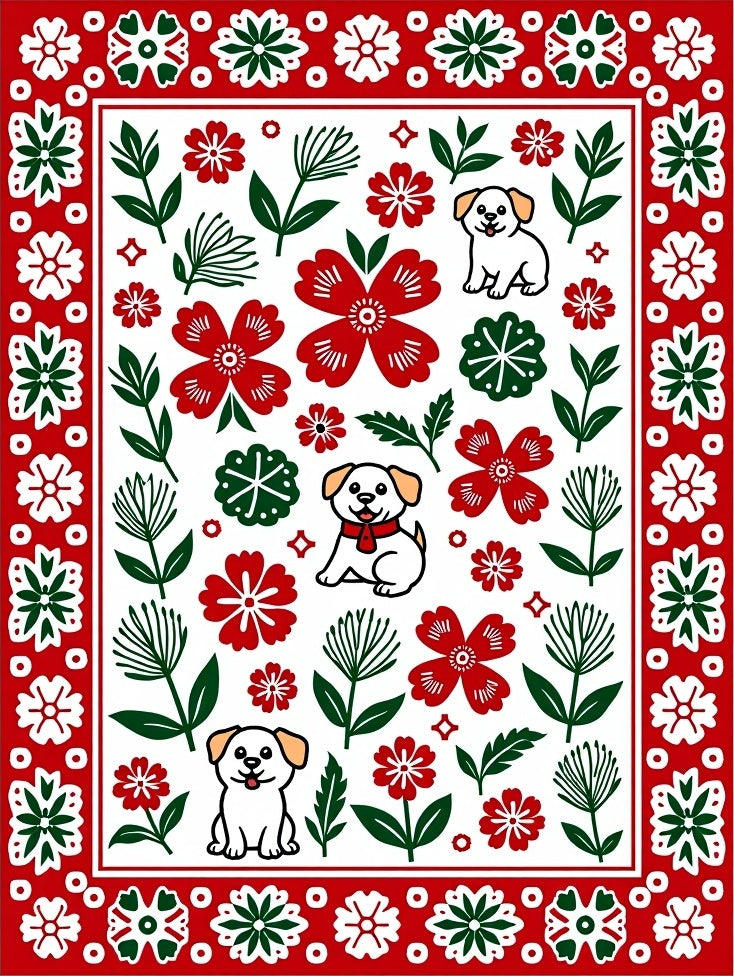 Whimsical Red Green Puppy Floral Art Rug