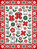 Whimsical Red Green Puppy Floral Art Rug