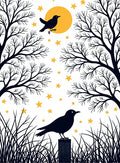 Golden Moon Silhouetted Crow Stars Trees Rug