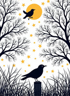 Golden Moon Silhouetted Crow Stars Trees Rug