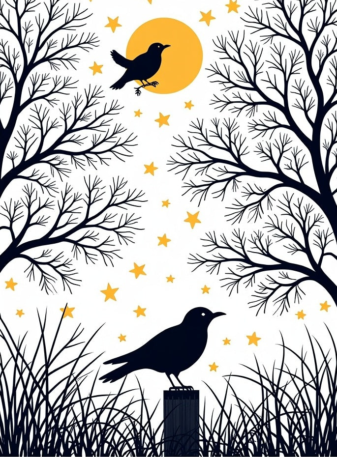 Golden Moon Silhouetted Crow Stars Trees Rug