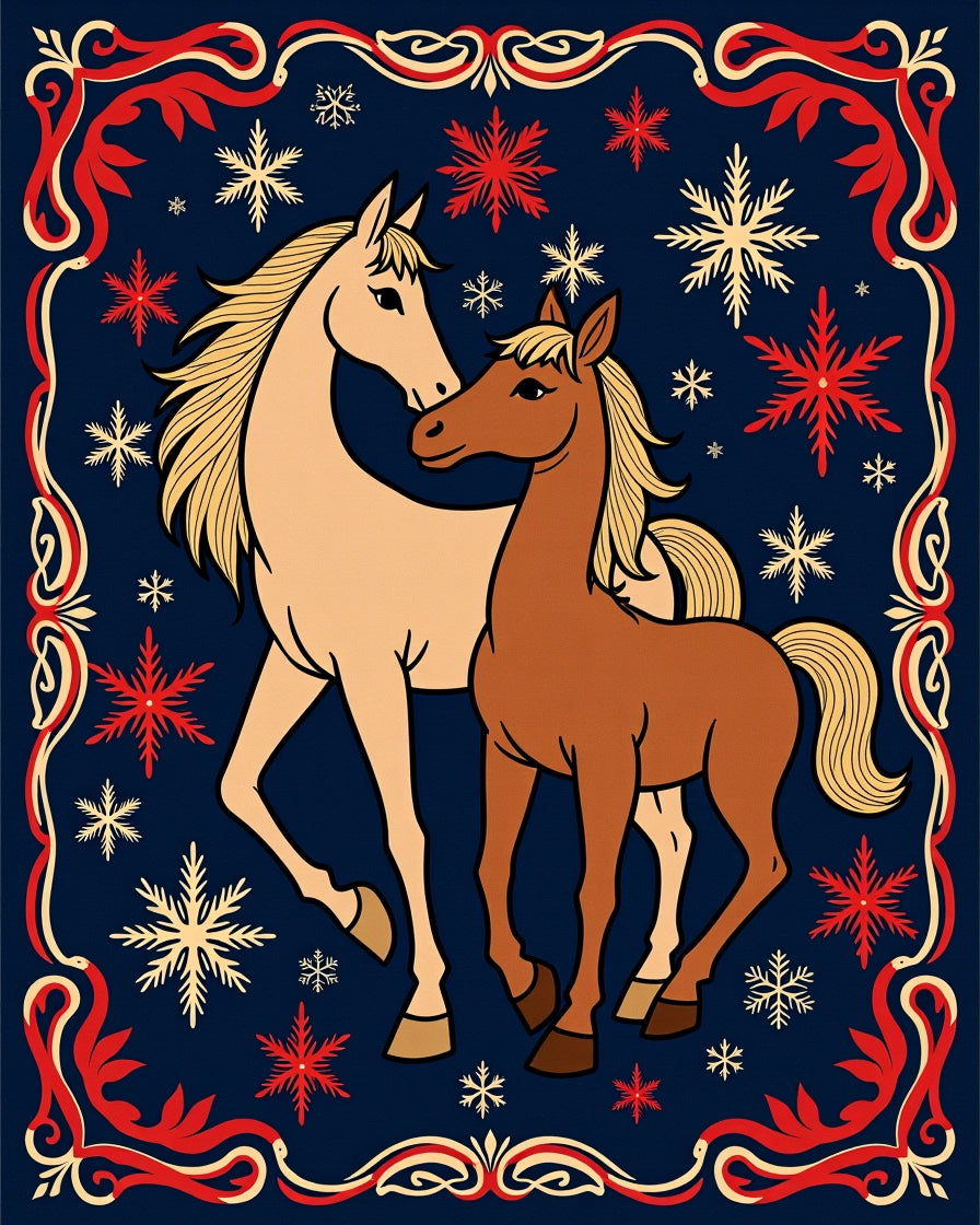 Two Horses Amidst Snowflakes Rug