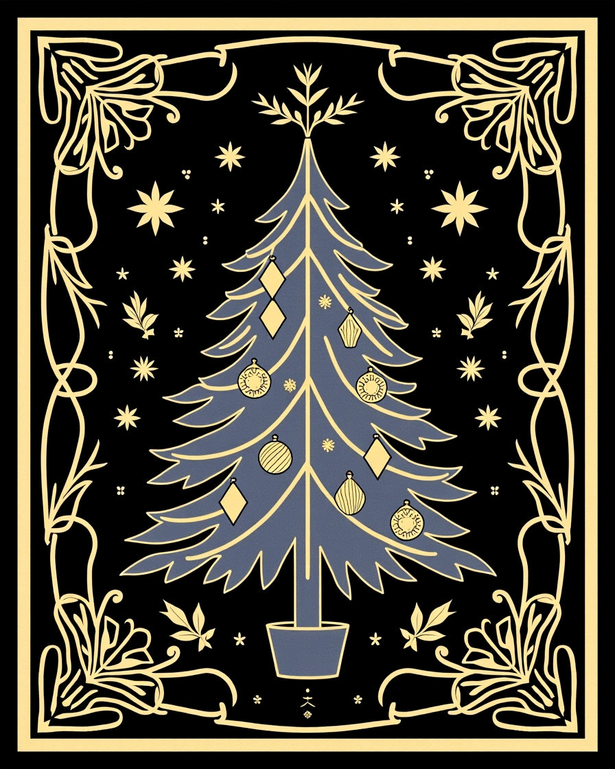 Midnight Blue Christmas Tree Ornament Border Rug
