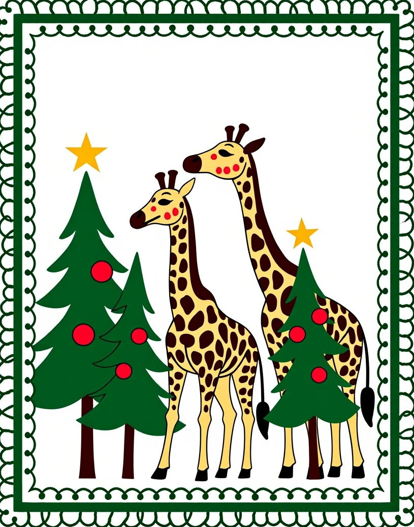 Whimsical Giraffe Christmas Tree Scene Rug