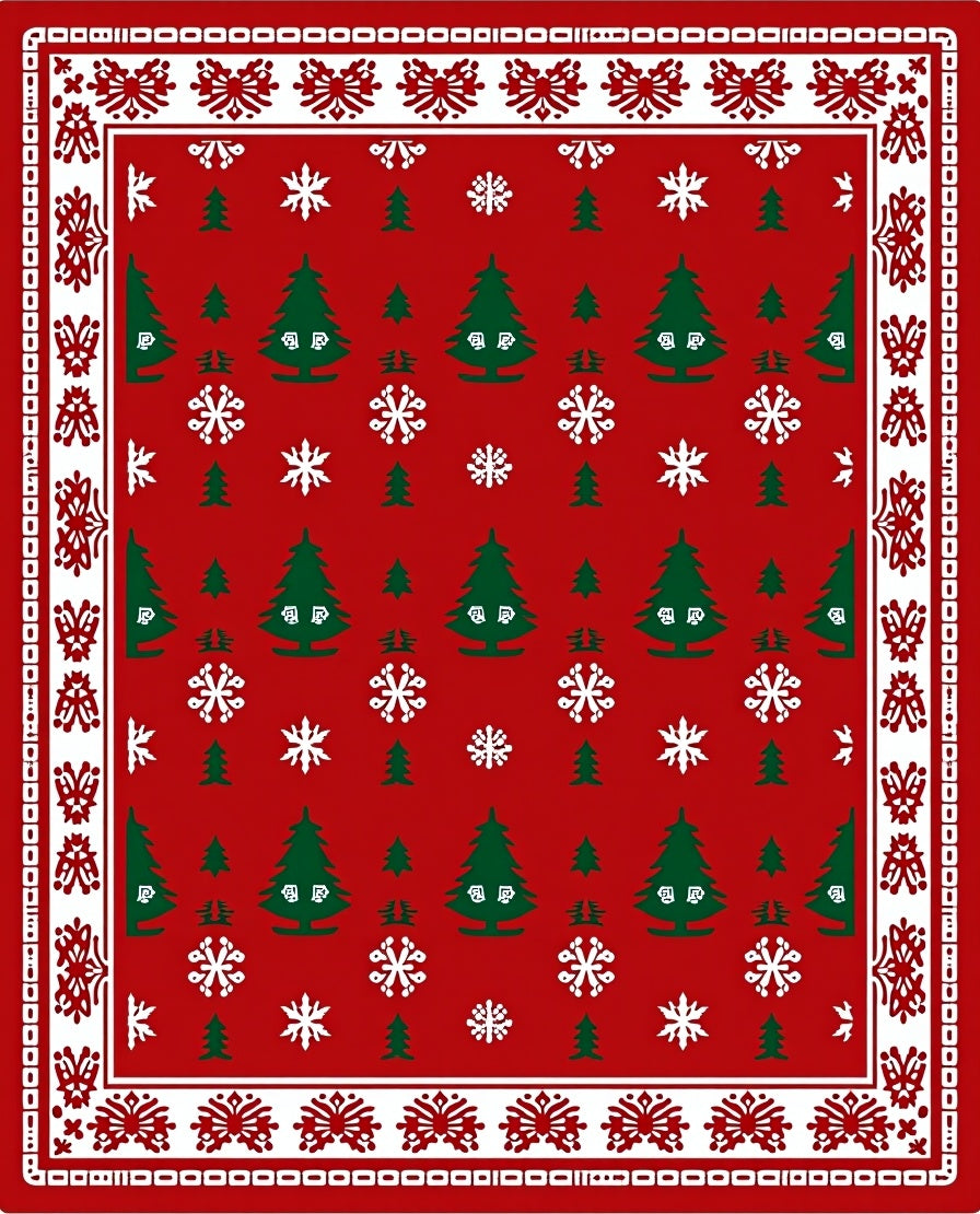 Classic Red White Christmas Tree Snowflakes Rug