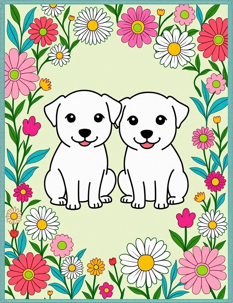 Two White Puppies Floral Border Rug