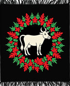 Black Cream Cow Floral Wreath Rug