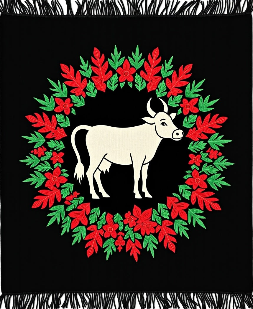Black Cream Cow Floral Wreath Rug
