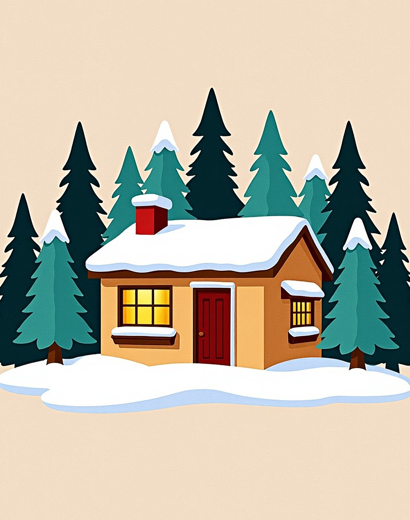 Cozy Yellow Cabin Winter Evergreen Forest Rug