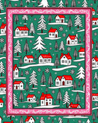 Green Snowy Village Home Christmas Border Rug