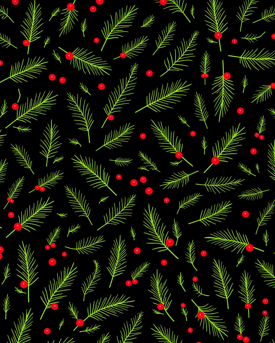 Green Pine Branches Red Berries Rug
