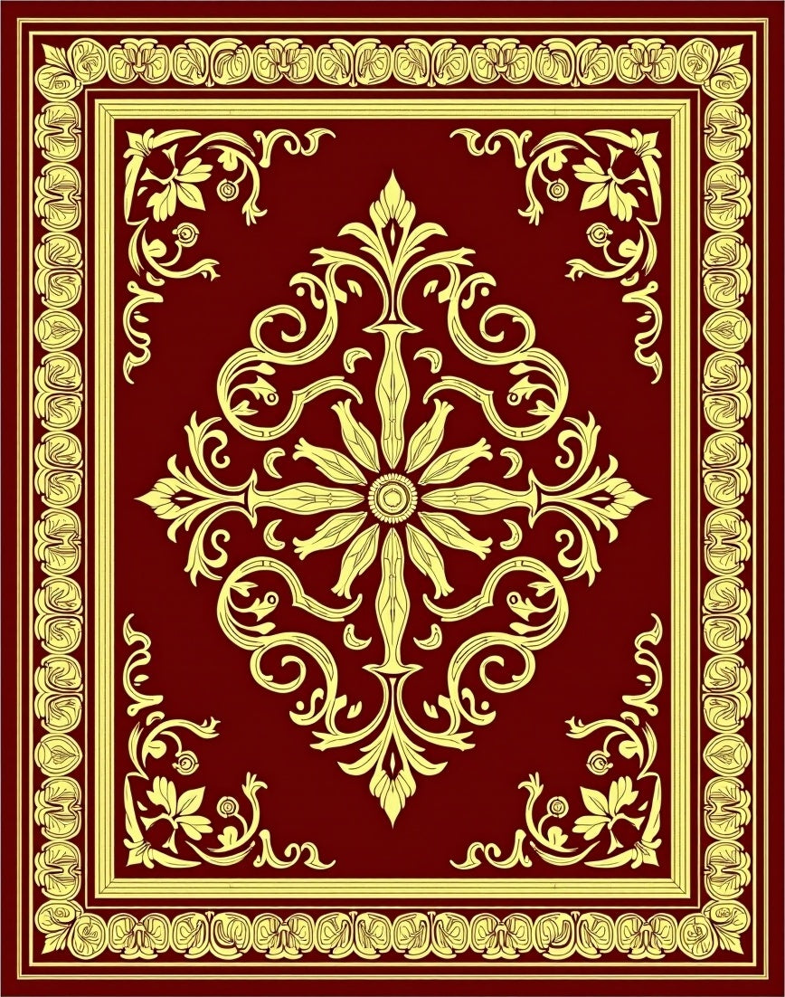 Ornate Crimson Gold Floral Medallion Layout Rug