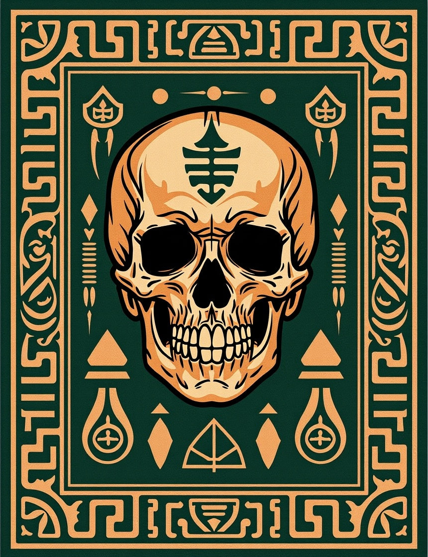 Dark Green Ornate Skull Medallion Rug