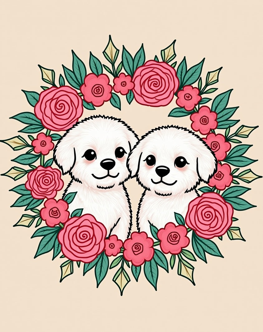 Pink Rose Wreath Adorable Puppies Rug