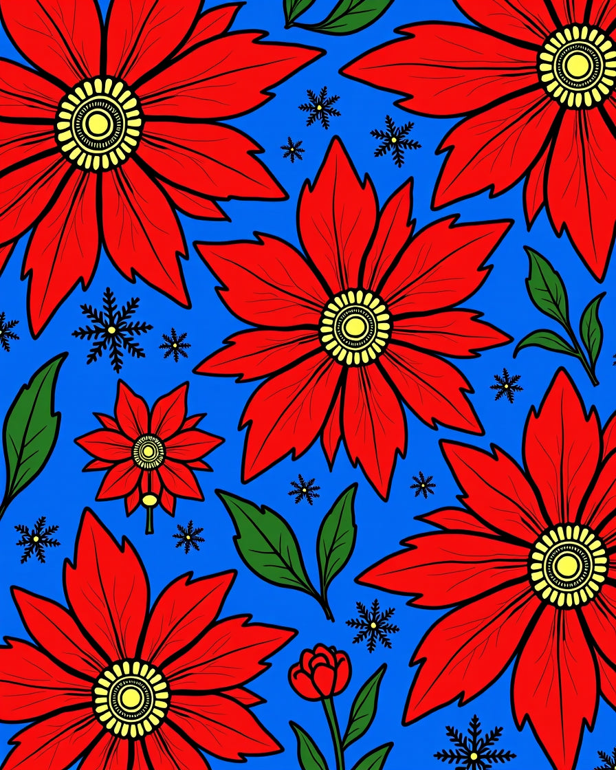 Bold Red Poinsettia Floral Snowflakes Rug