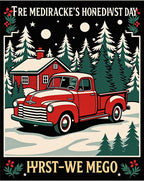 Vintage Red Truck Winter Cabin Scene Rug