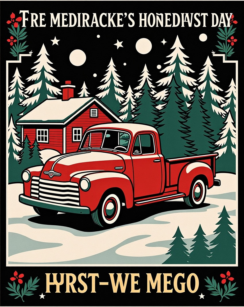 Vintage Red Truck Winter Cabin Scene Rug