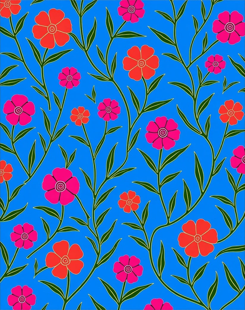 Vibrant Fuchsia Orange Floral Vine Rug