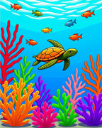 Vibrant Coral Reef Turtle Swimming Rug