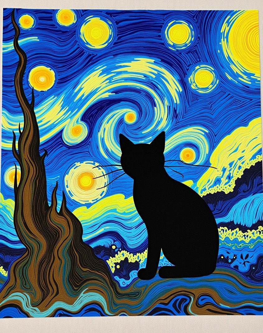 Midnight Black Cat Starry Night Swirls Rug