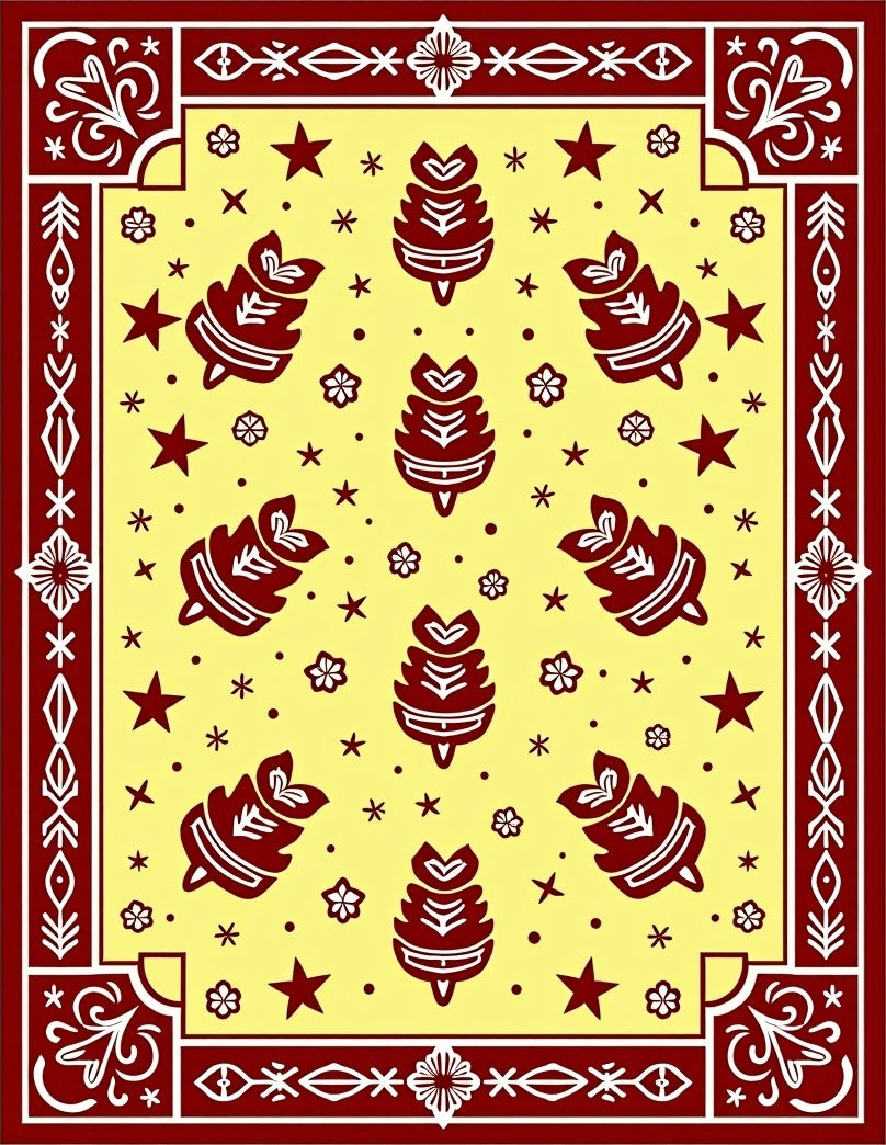 Maroon Leaf Stars Floral Border Rug