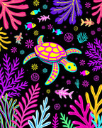 Whimsical Neon Turtle Sea Life Collage Rug