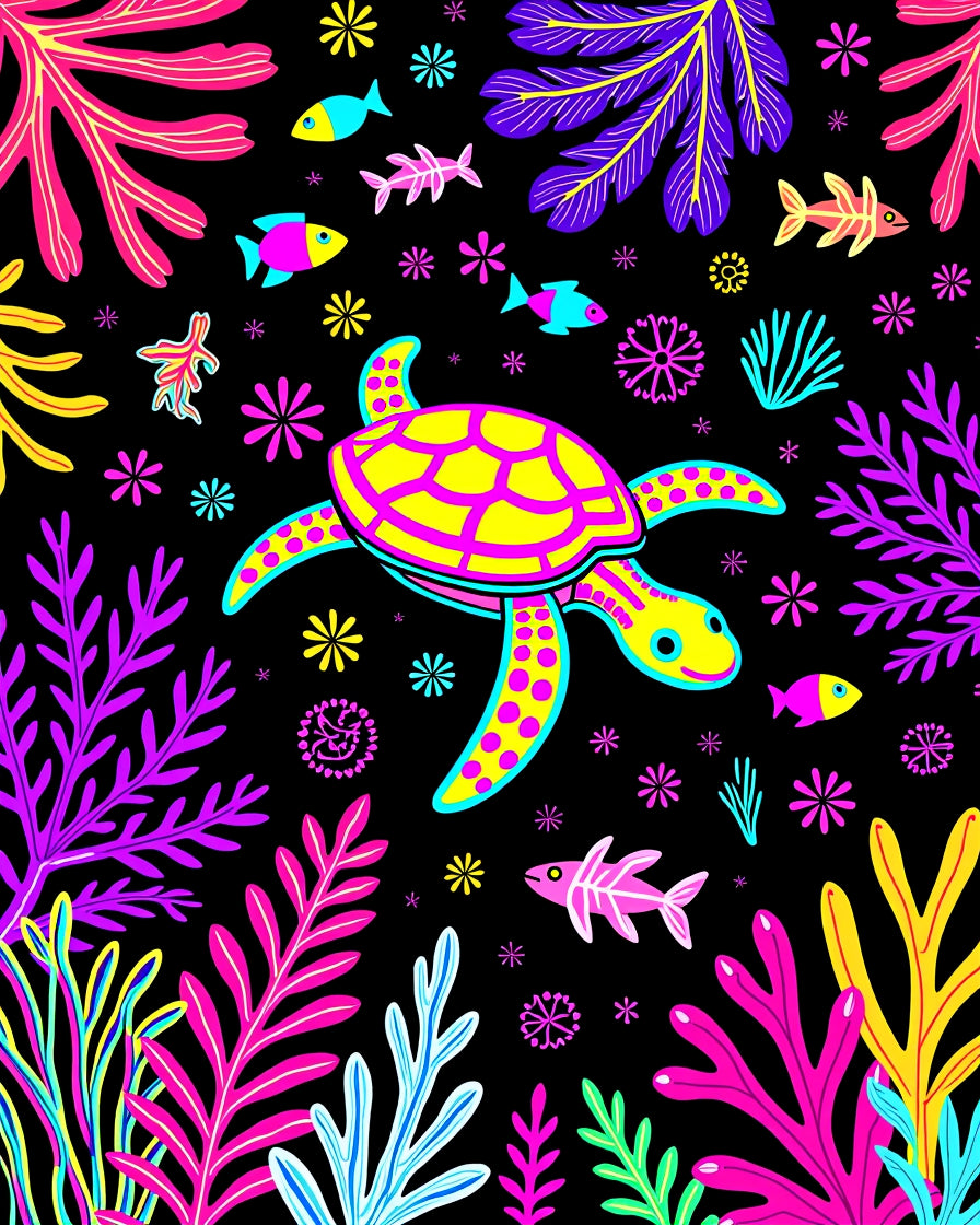 Whimsical Neon Turtle Sea Life Collage Rug