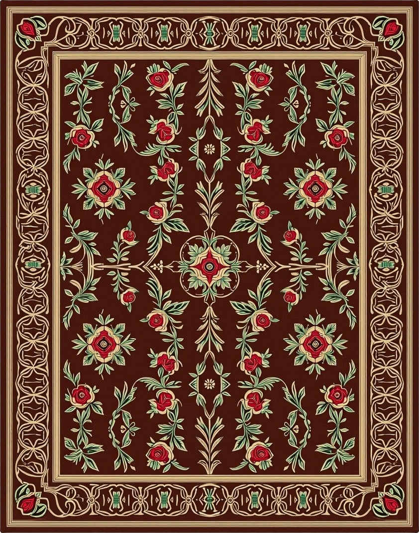 Rich Crimson Floral Bordered Rug