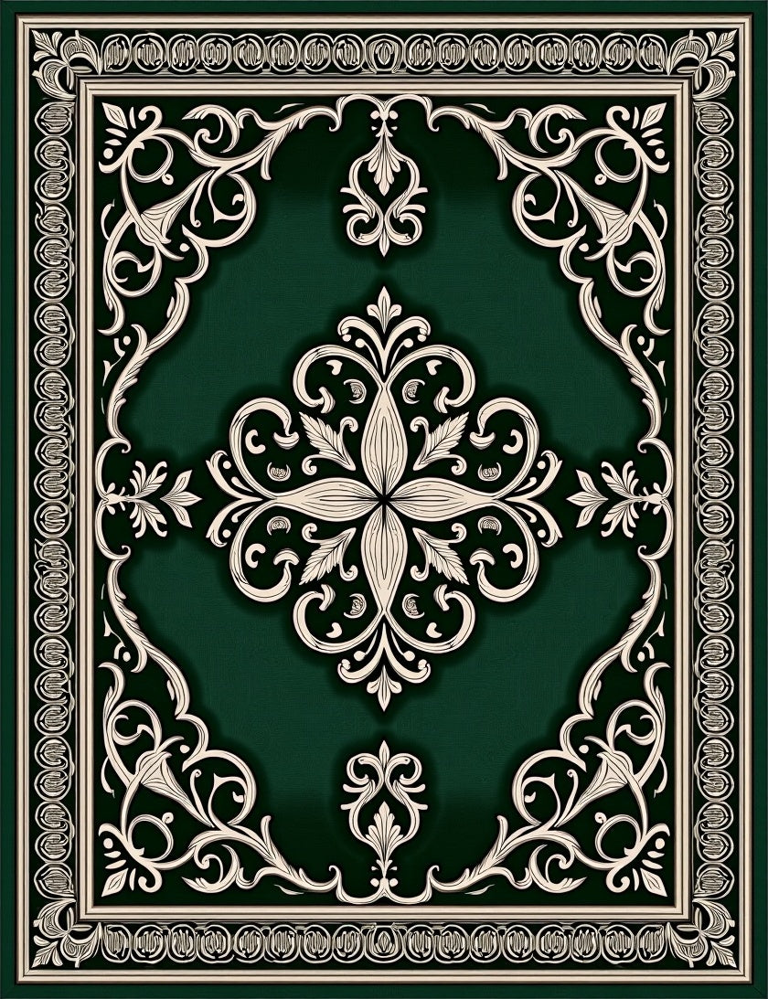 Emerald Green Cream Scroll Medallion Rug