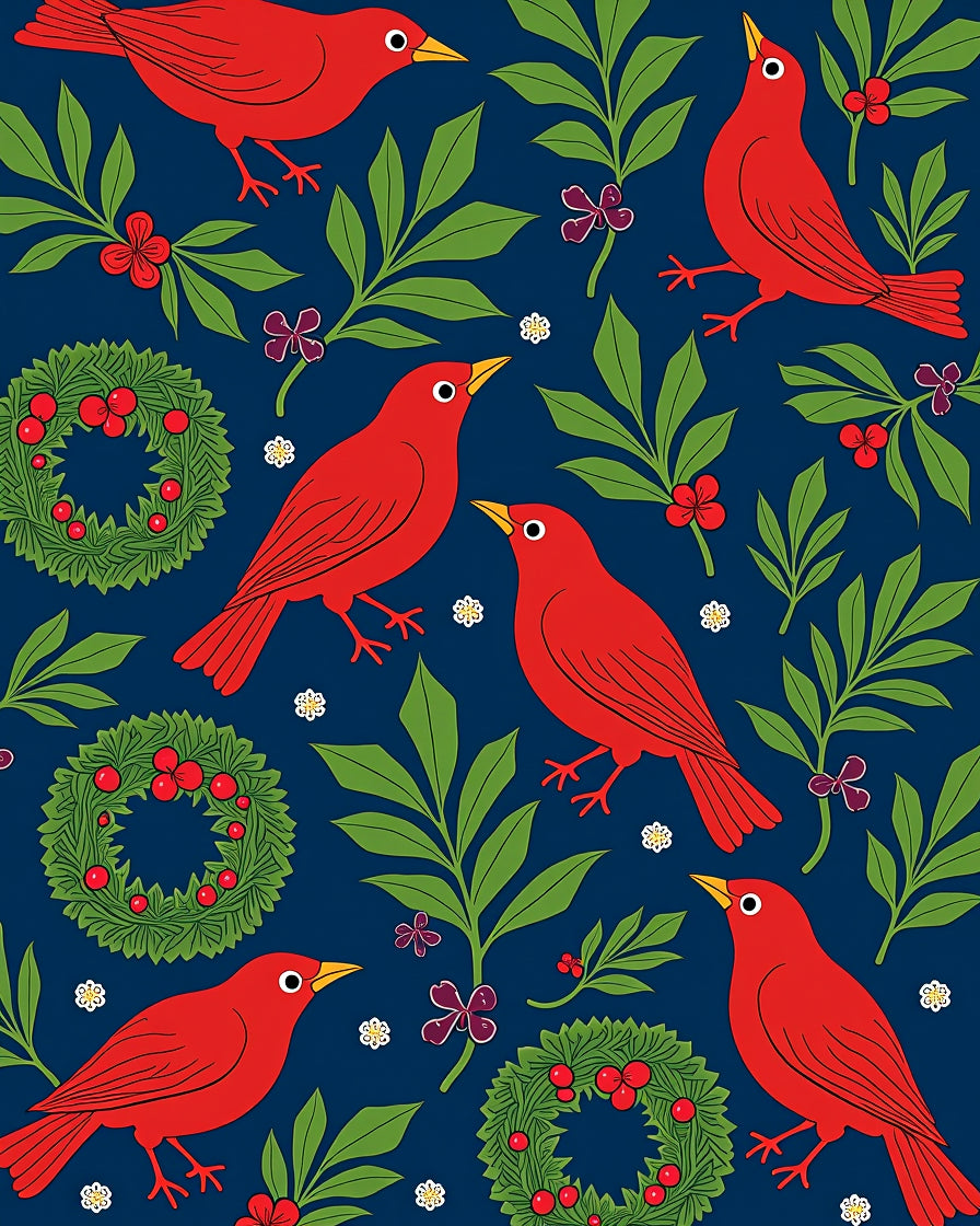 Red Cardinals With Holly Wreaths Rug