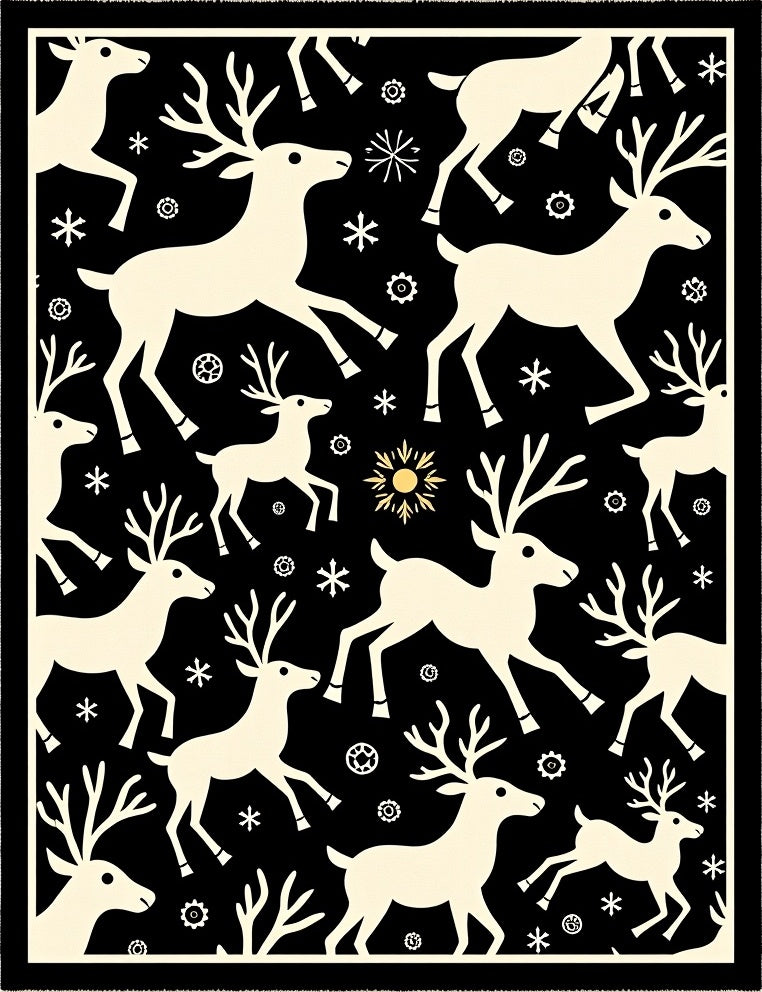 Cream Deer With Snowflakes On Black Rug