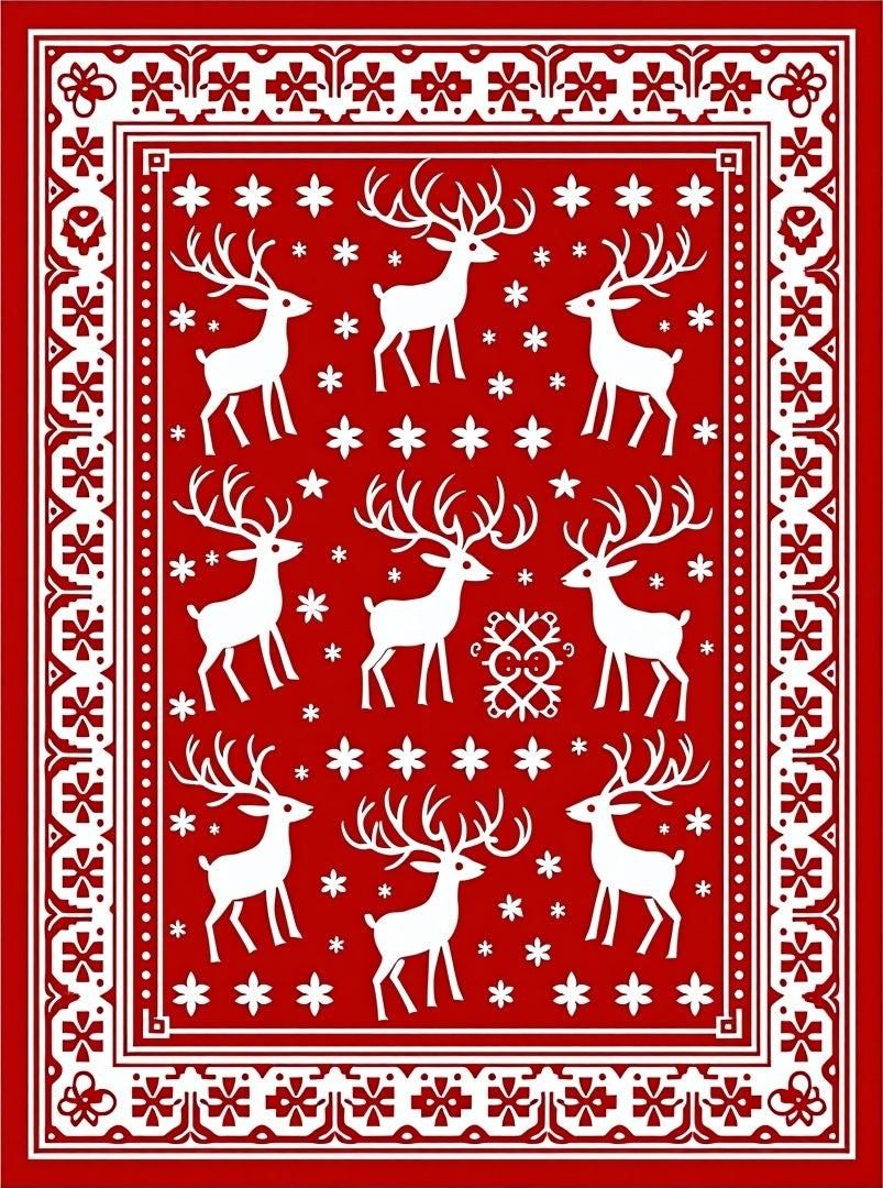Red White Reindeer Snowflakes Border Rug
