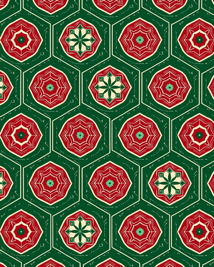Red Green Hexagonal Floral Medallion Rug
