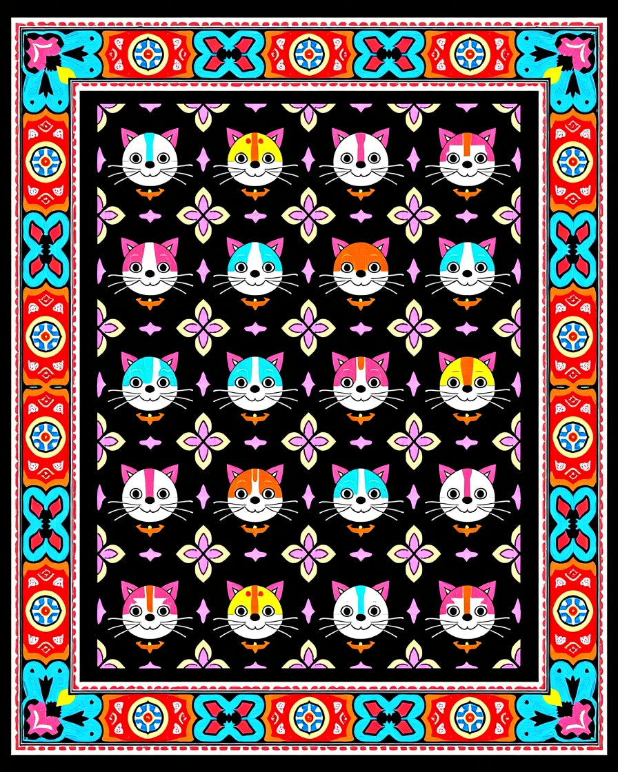 Colorful Cat Faces Bordered Rug