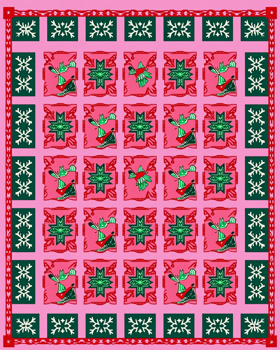 Pink Red Green Bird Medallion Rug