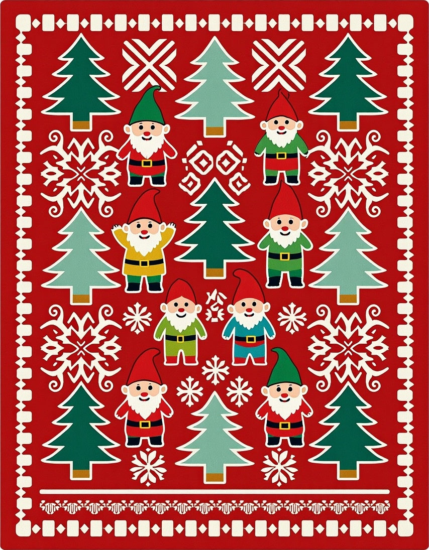 Red Christmas Gnomes Fir Trees Snowflakes Rug