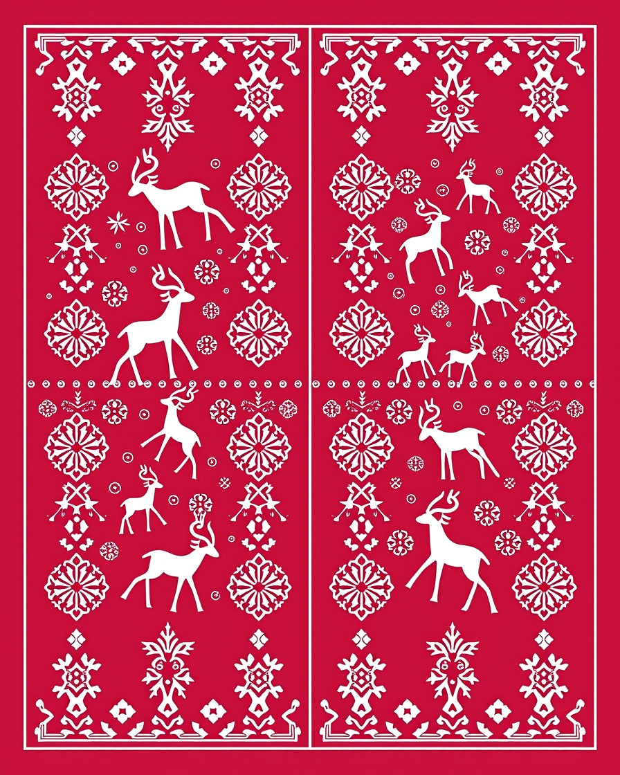 Red Festive Deer Snowflakes Nordic Rug