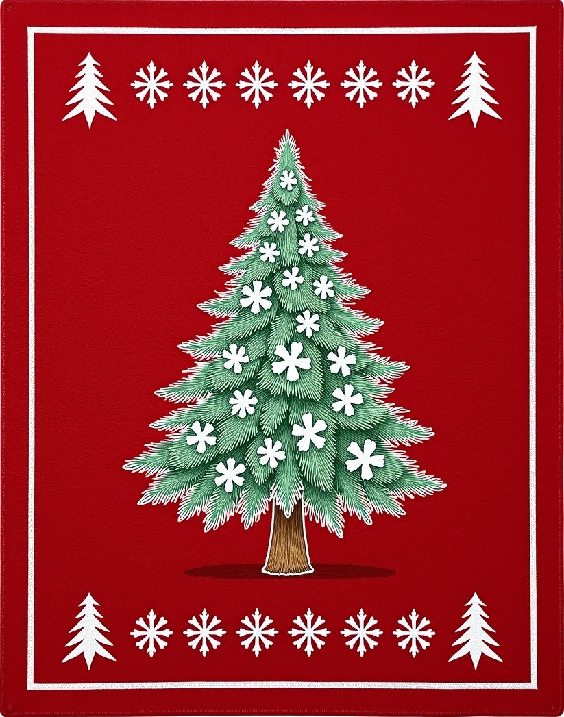 Red Christmas Tree Snowflake Border Rug