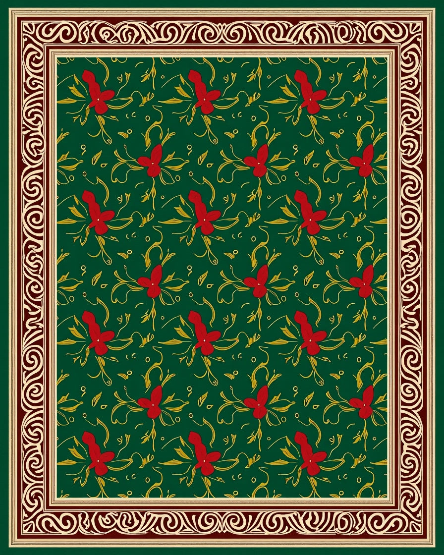 Rich Emerald Red Floral Scroll Border Rug