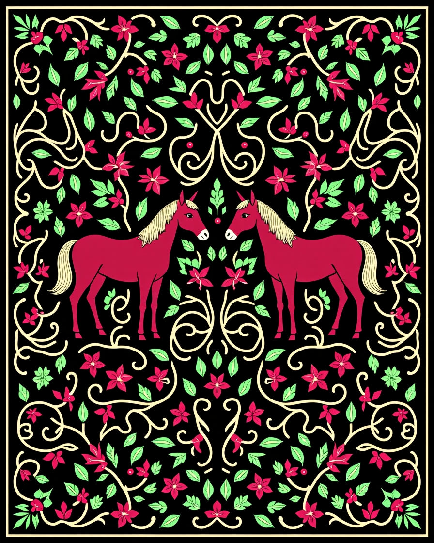 Crimson Unicorn Floral Garden Tapestry Rug
