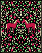 Crimson Unicorn Floral Garden Tapestry Rug