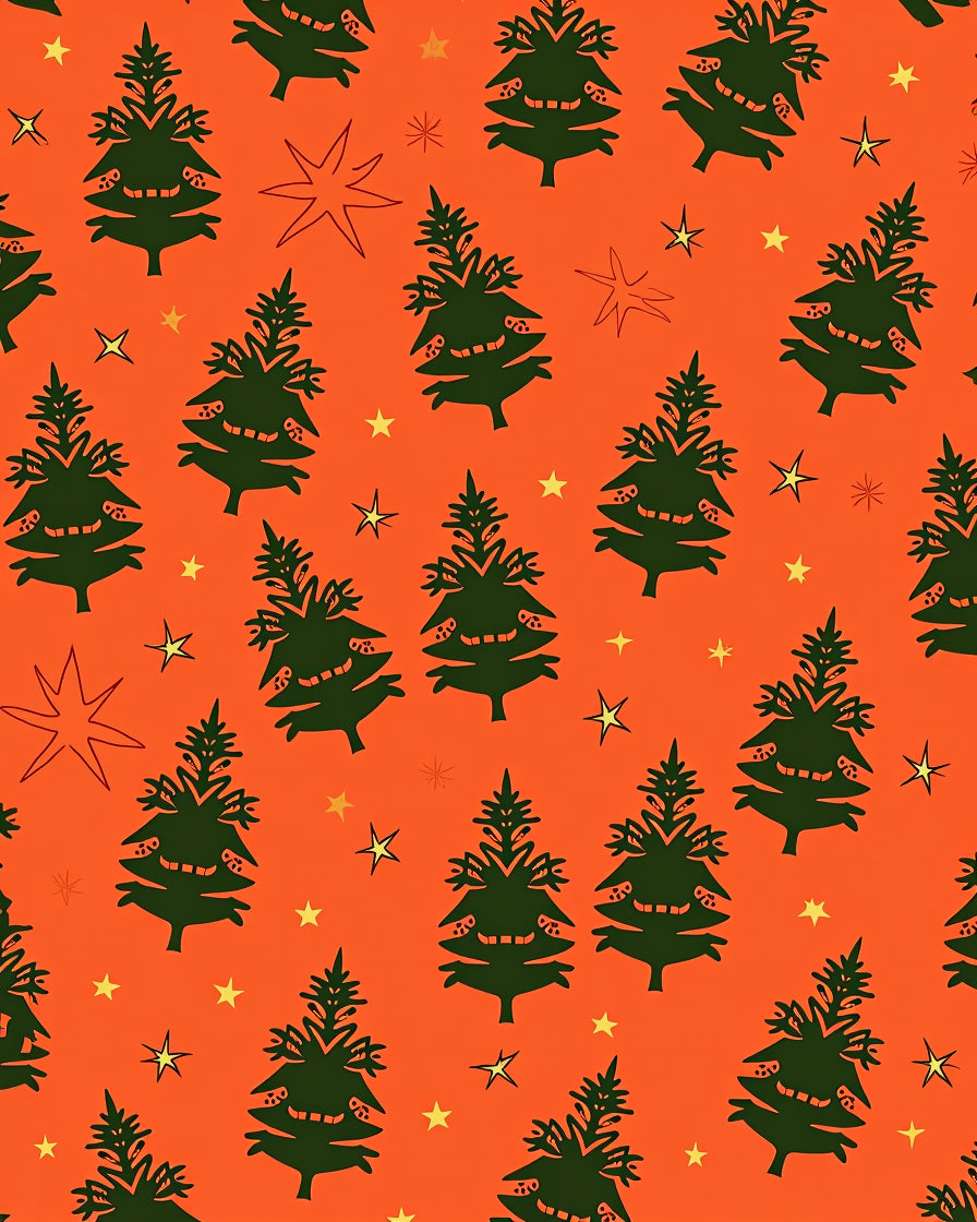 Hand Drawn Dark Green Christmas Trees Stars Rug