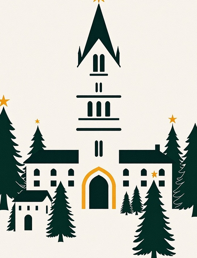 Dark Green Pine Festive Village Scene Rug